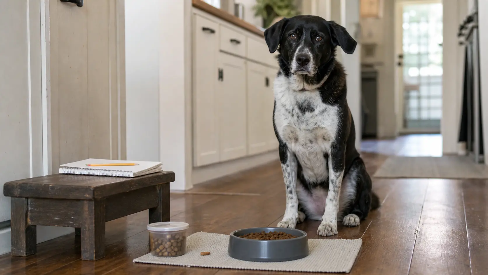 A dog beside food notes for tracking stomach and skin symptoms.