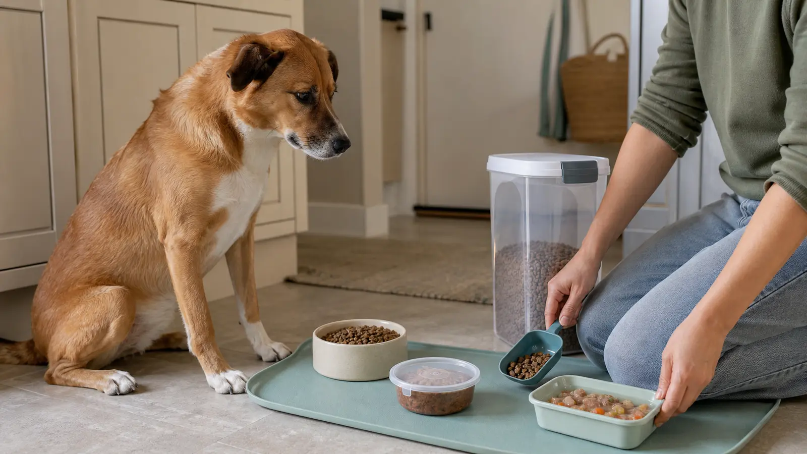 A mixed breed dog watches as dry food, wet food, and a prepared meal are compared on a floor-level feeding mat.