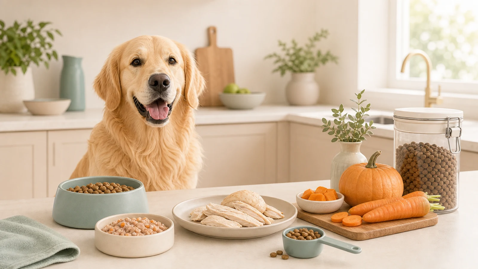 A happy dog beside simple dog food bowls, safe ingredients, a measuring scoop, and sealed storage in a bright kitchen.
