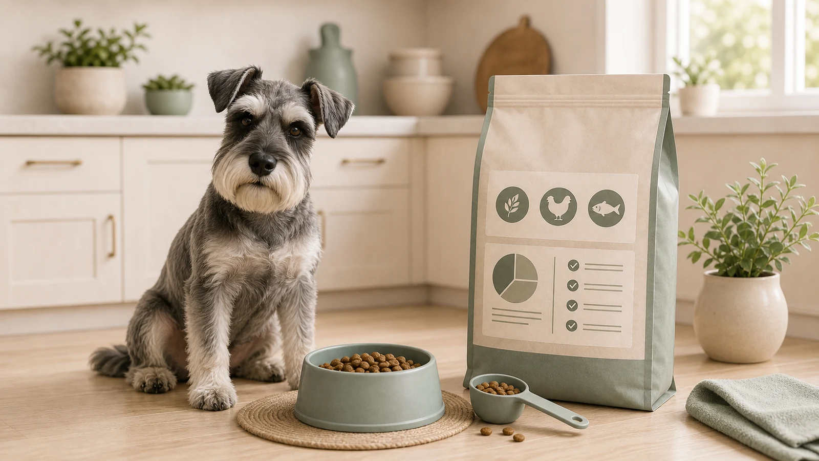 A Miniature Schnauzer beside an unbranded dog food bag and measuring scoop.