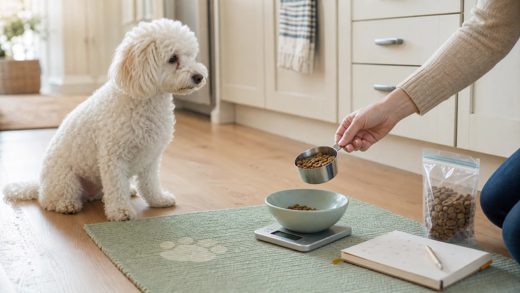 Measured dog meals prepared for a busy week at home.