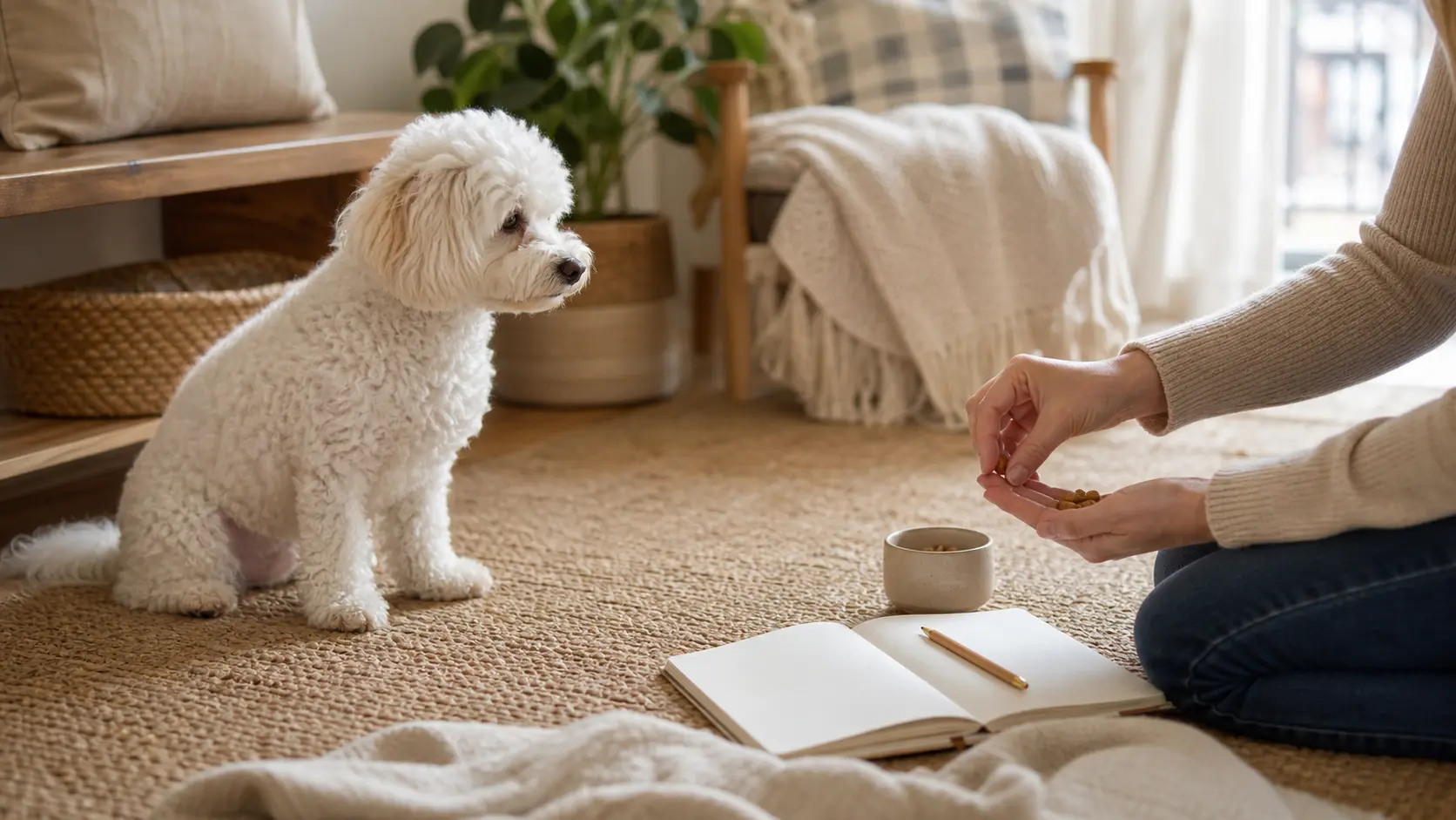 Clean dog bowls, scoop, towel, and non-readable notes on a floor mat after a food safety reset.