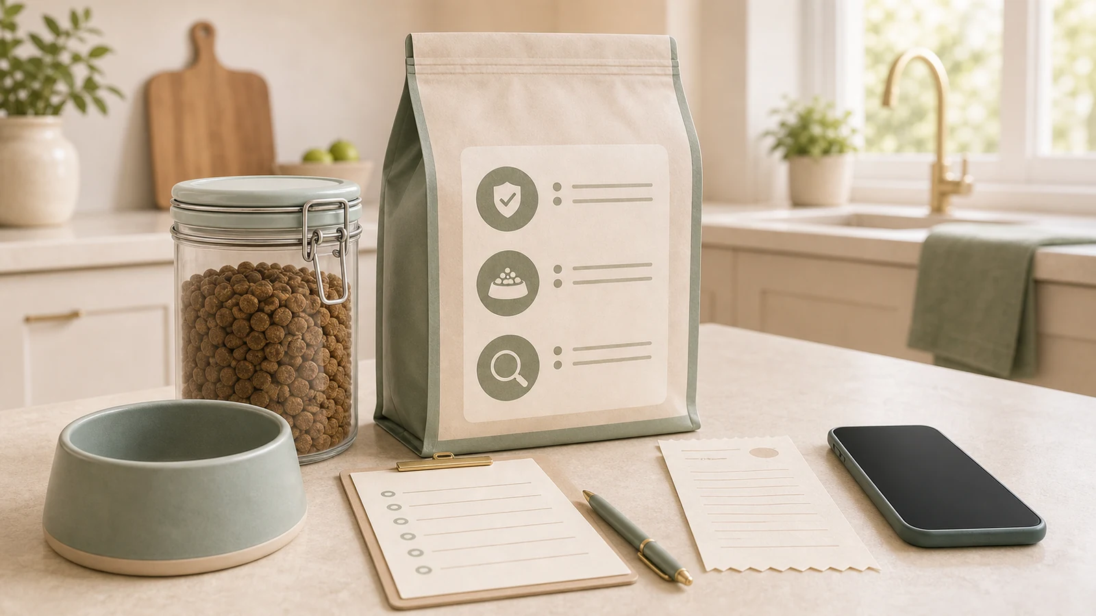 Dog food package details, a sealed container, receipt, and phone arranged away from a dog.