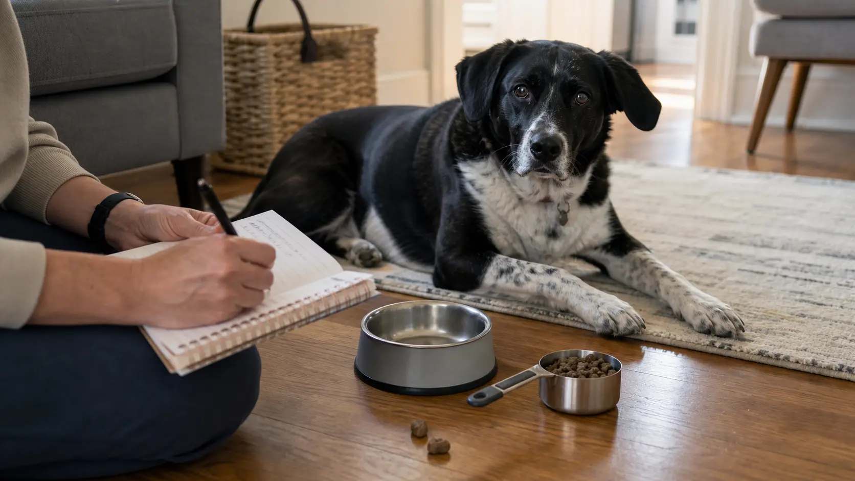 A dog resting nearby while a person writes food and snack notes in a notebook.