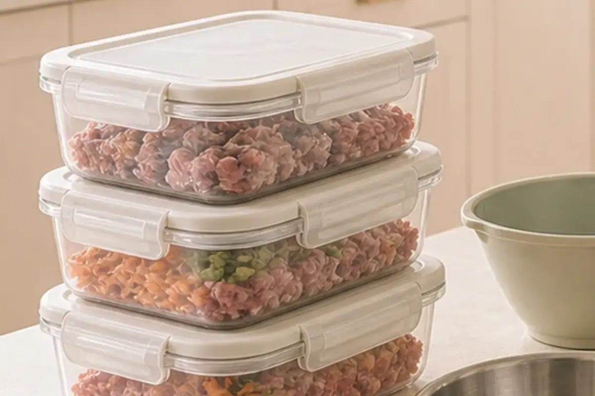 Sealed dog food portions stored in a clean fridge with a dog waiting on the kitchen floor.