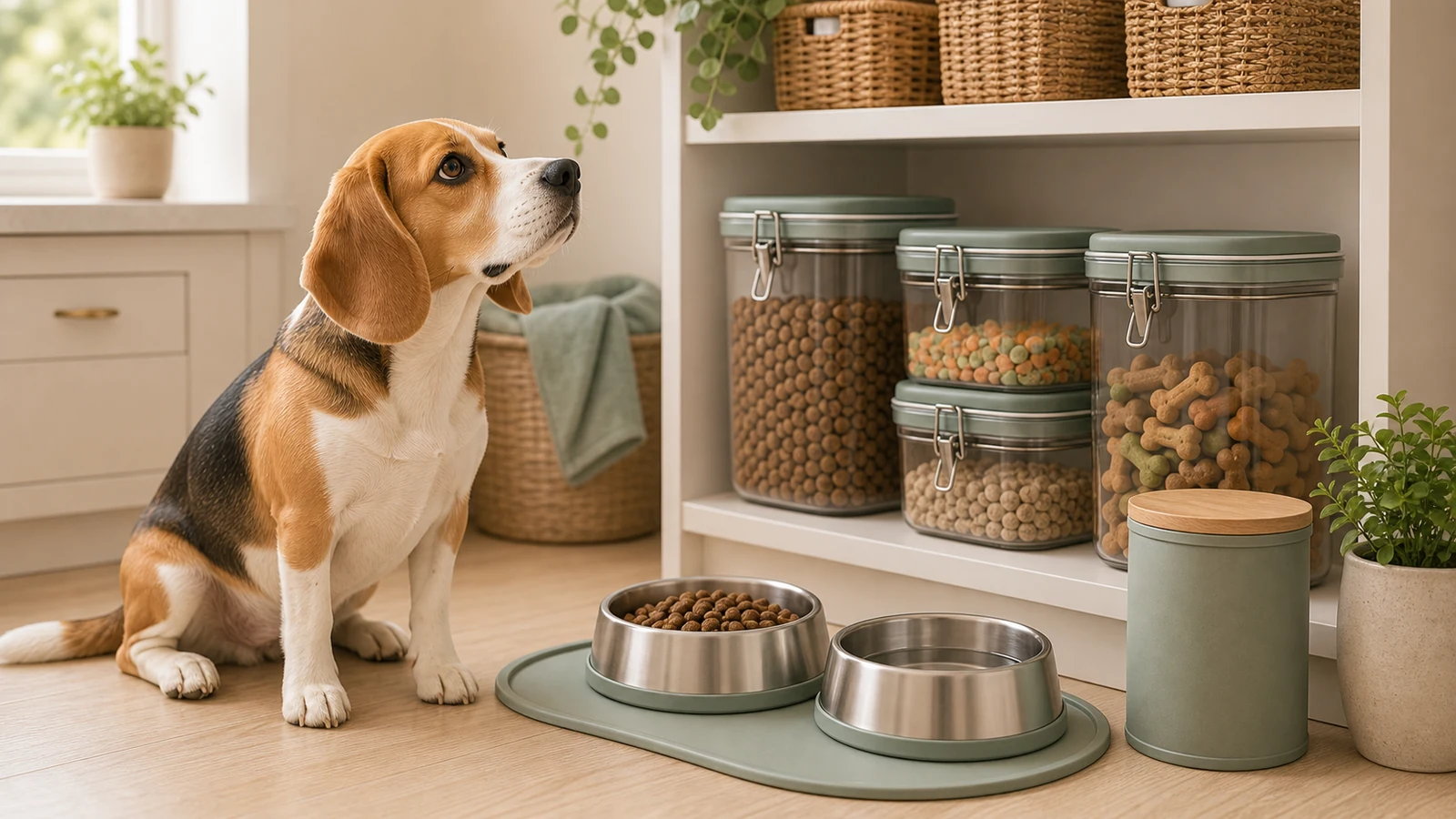 Dog food storage containers and feeding tools in a clean home kitchen.