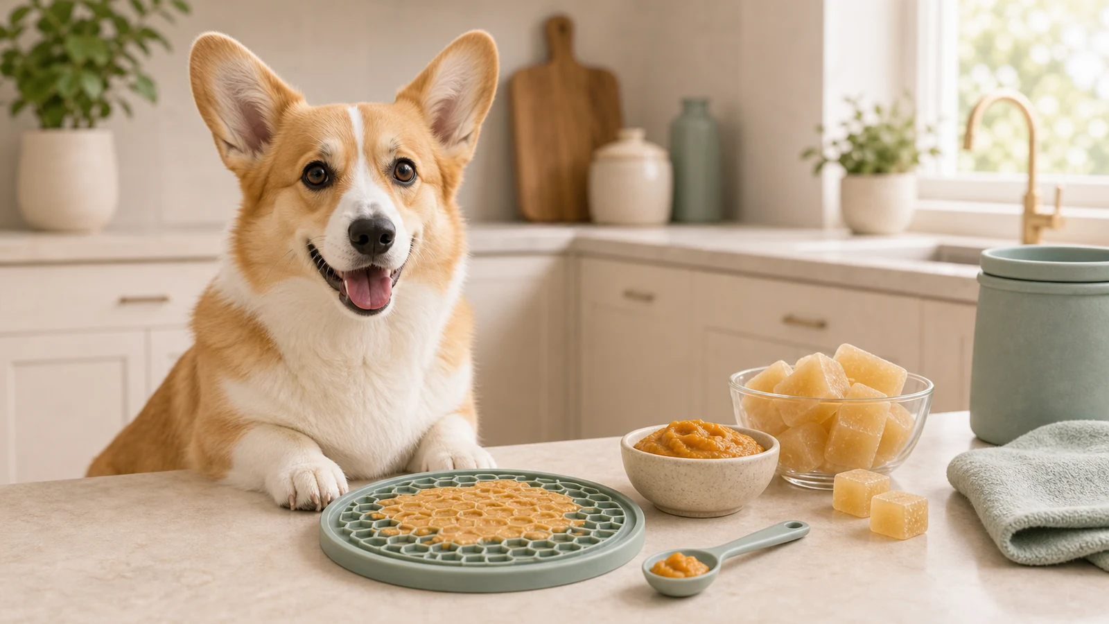 Corgi beside pumpkin, broth cubes, lick mat, and spoon.