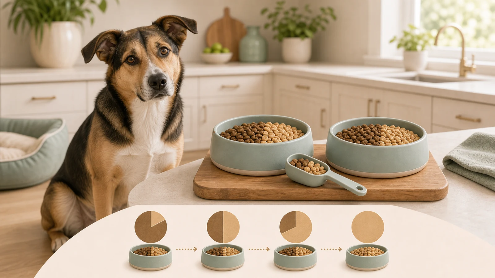 Mixed-breed dog beside old and new food being mixed.