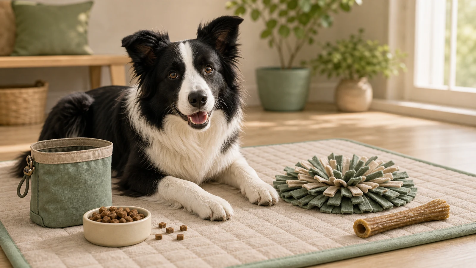 Dog beside training treats, a pouch, and a supervised chew.