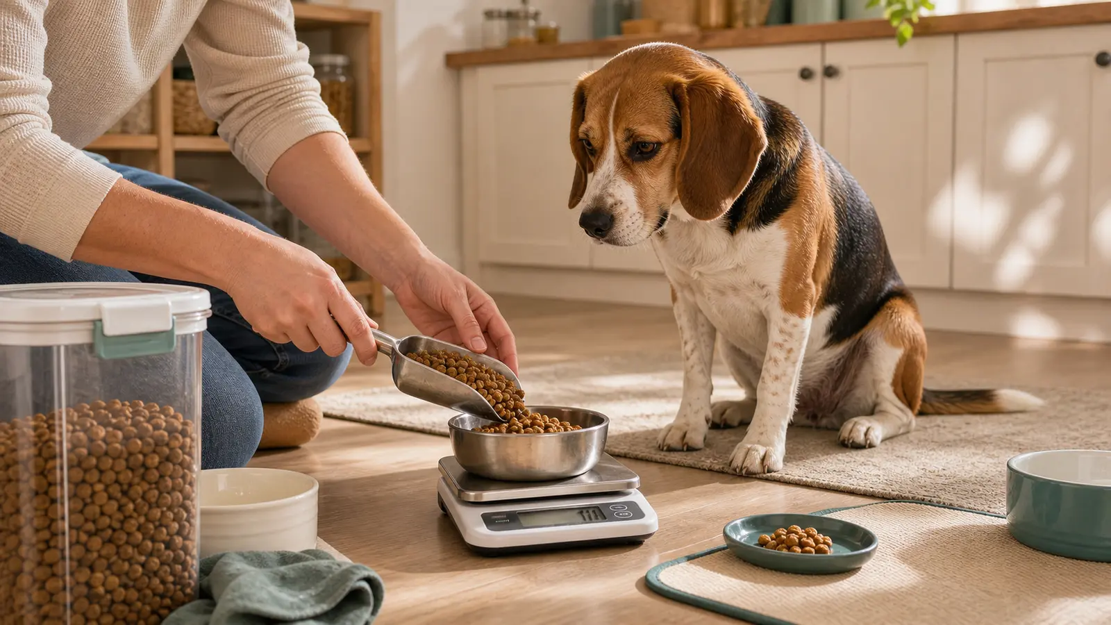A Beagle watches as dry dog food is measured with a scoop and kitchen scale on a floor-level feeding mat.