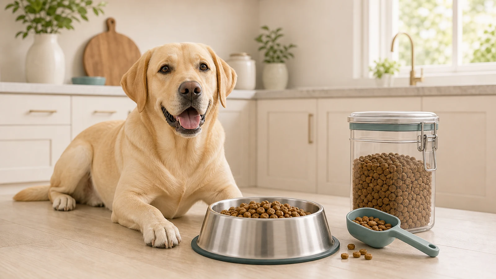 A Labrador Retriever beside a bowl of dry dog food, measuring scoop, and sealed storage container.