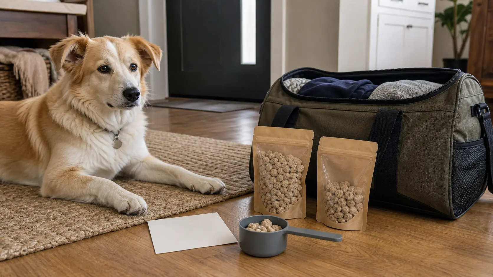 A cream-and-tan dog lies on a rug while dry dog-food portions, a scoop, a blank note card, and a weekend bag are packed for travel.