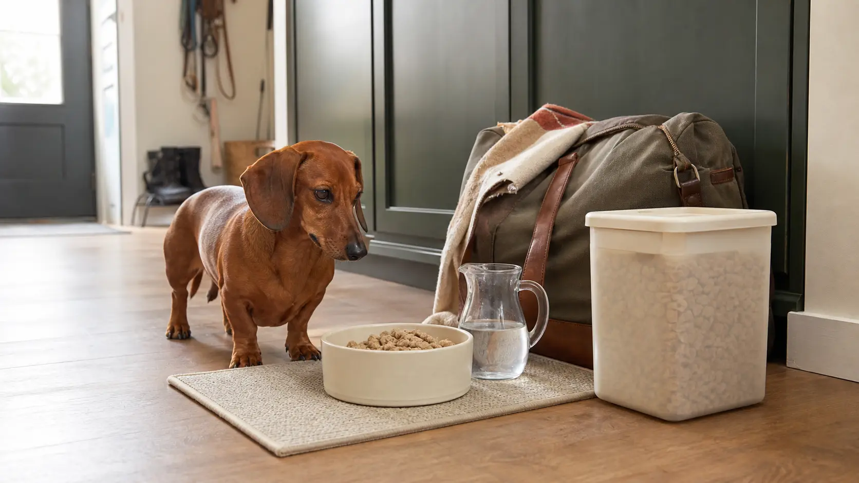 A red-brown Dachshund on the floor beside freeze-dried dog food, water, a travel bag, and a sealed container.