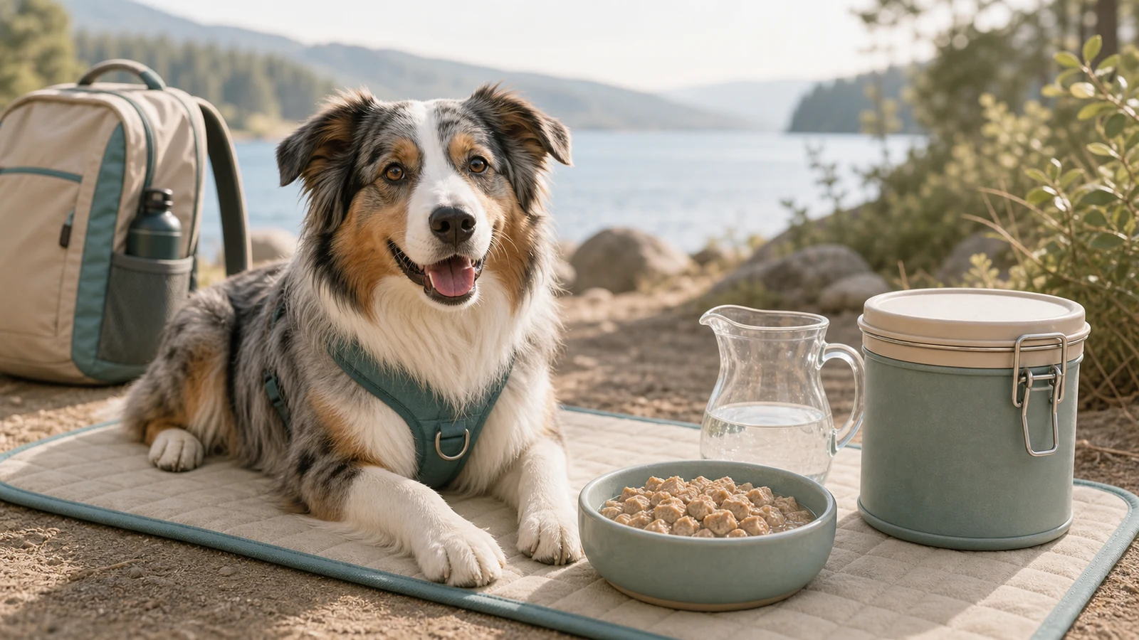 Australian Shepherd beside rehydrated freeze-dried food.
