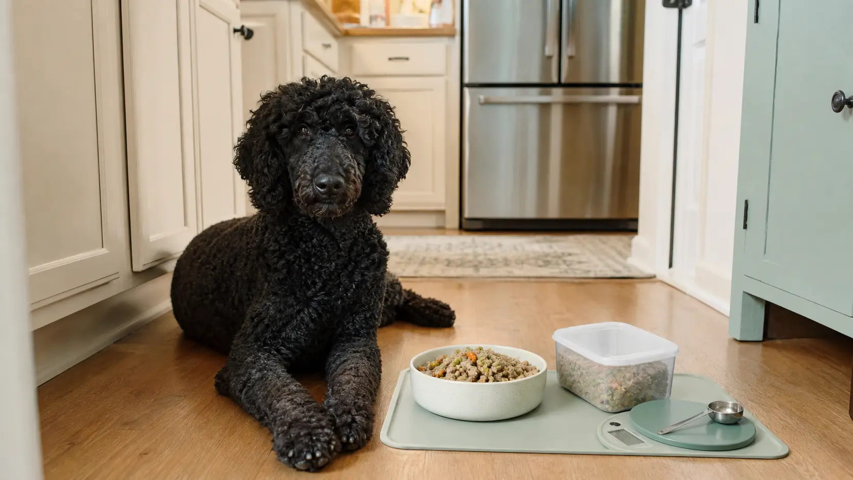 A black Standard Poodle on the kitchen floor beside a measured fresh dog food meal, container, and scale.