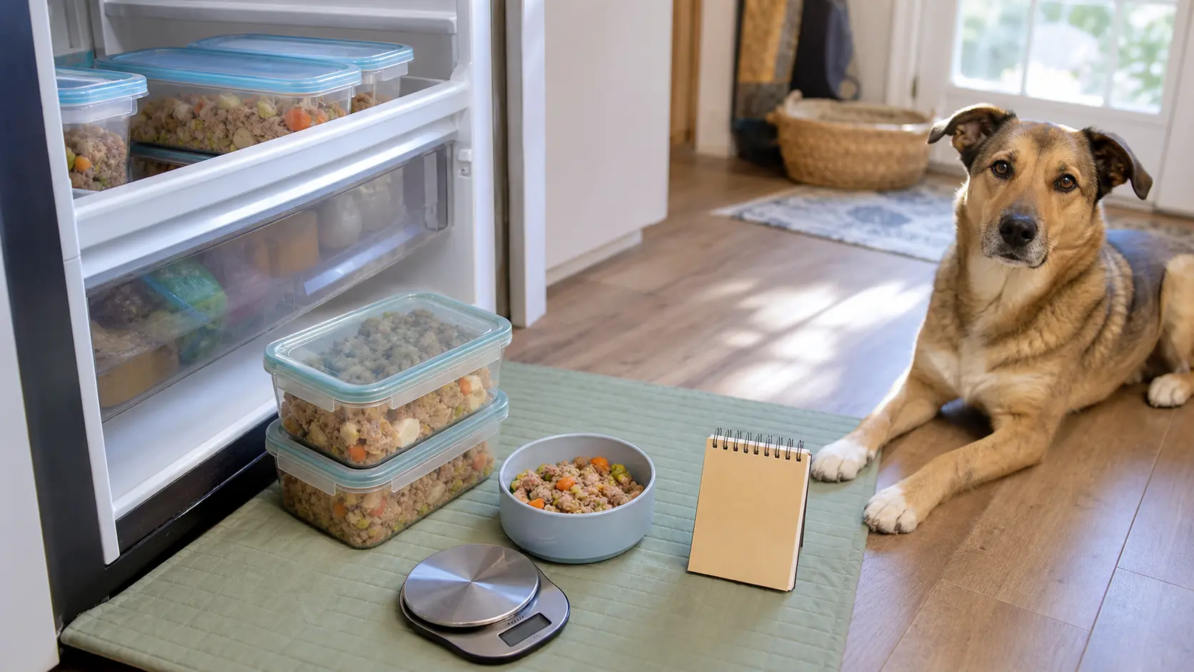 A dog waits near an open refrigerator while fresh dog food containers, a scale, and a blank notebook sit on a feeding mat.