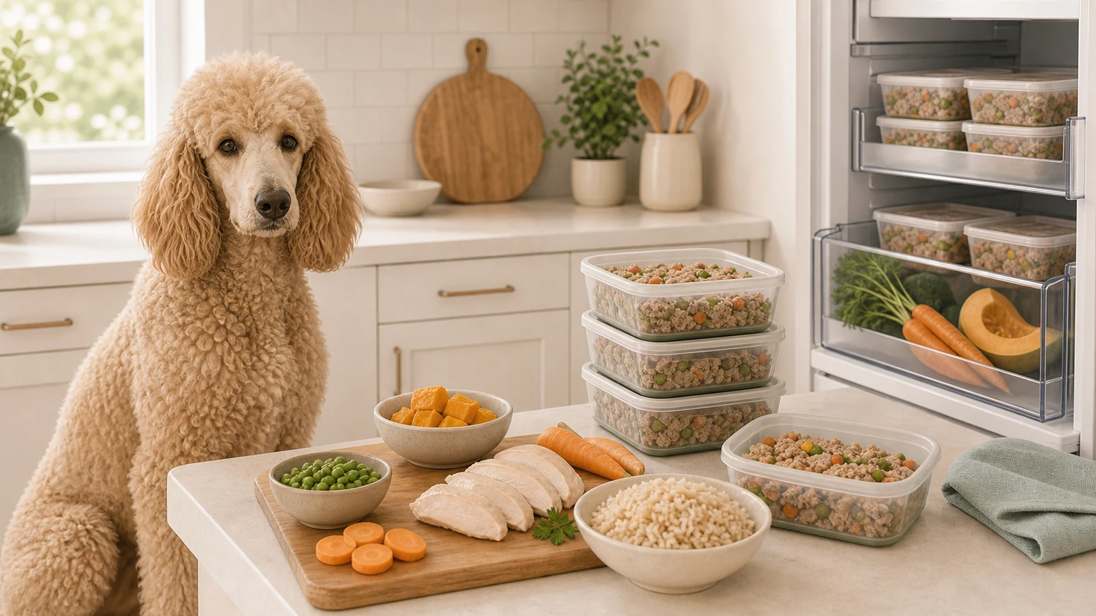 Standard Poodle beside pre-portioned refrigerated meals.