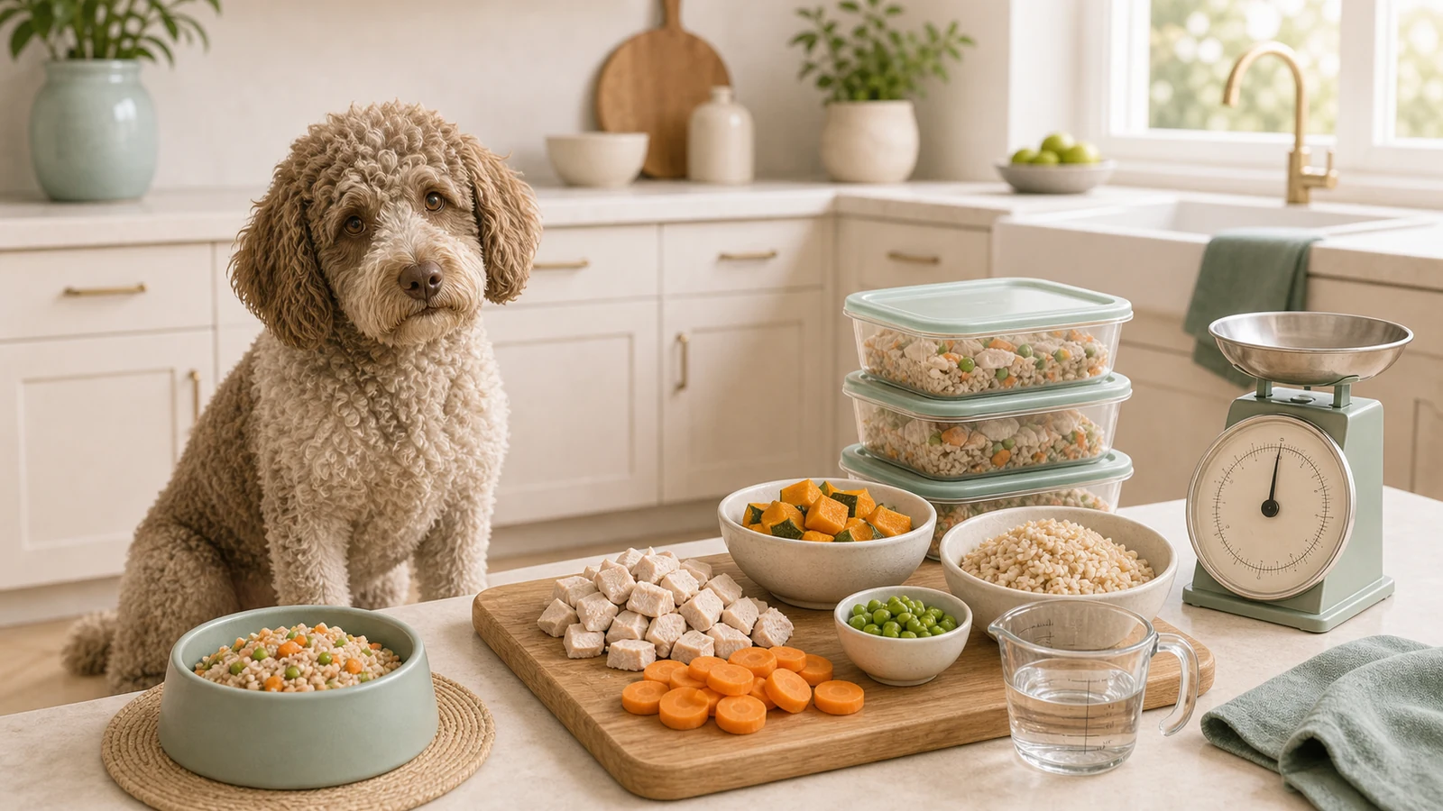 Dog beside cooked homemade meal portions, containers, and a kitchen scale.
