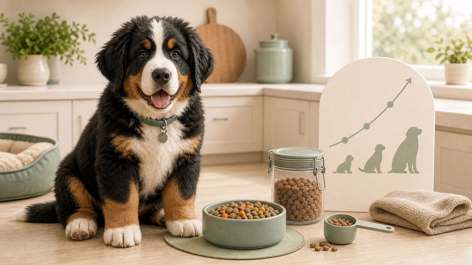 A Bernese Mountain Dog puppy beside a measured puppy meal and growth notes.