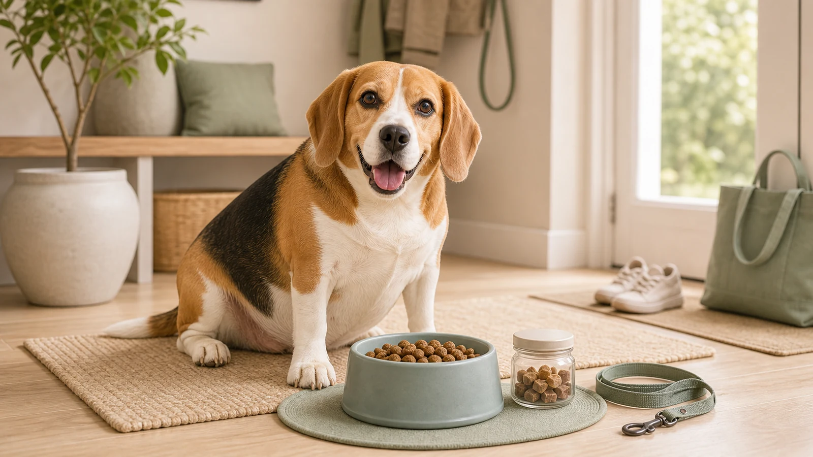 A cheerful Beagle beside a measured meal, reward jar, and walking leash.