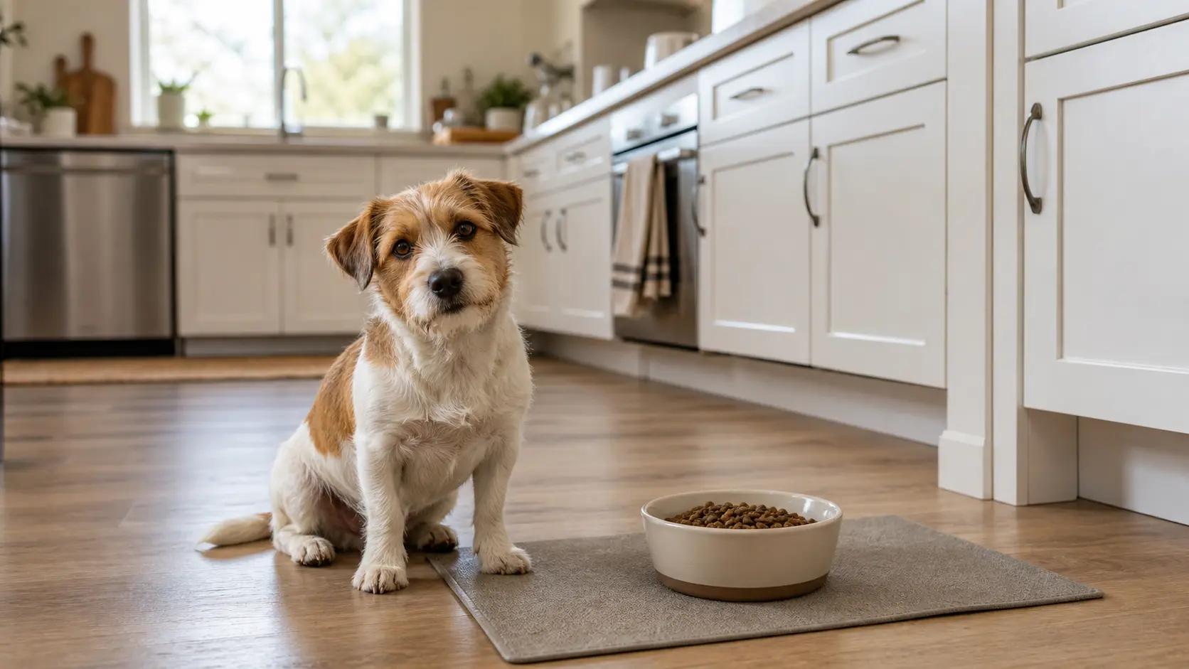 Curious dog near a bowl during a picky eating moment.