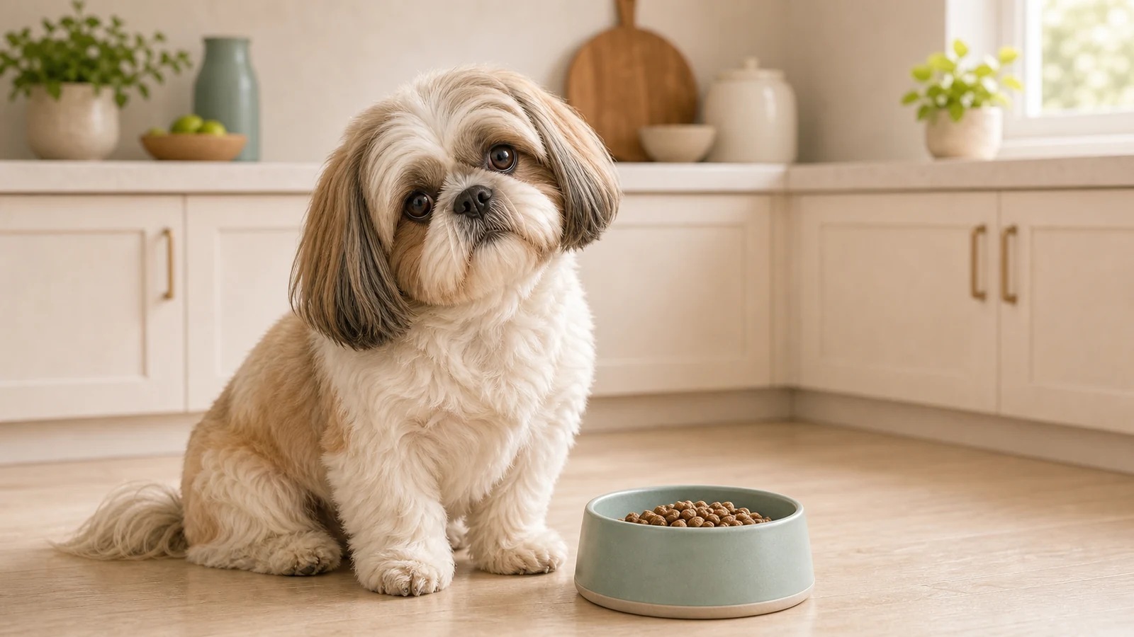 Shih Tzu looking at a simple dog food bowl.