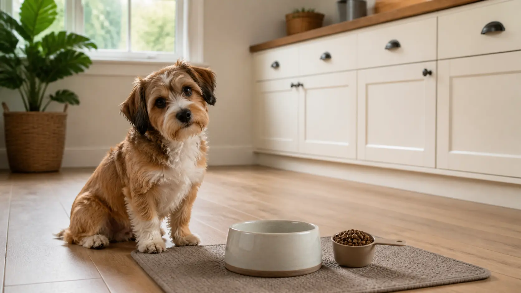 A small brown and white mixed breed dog sitting on a kitchen floor beside a clean bowl and measured scoop of kibble.
