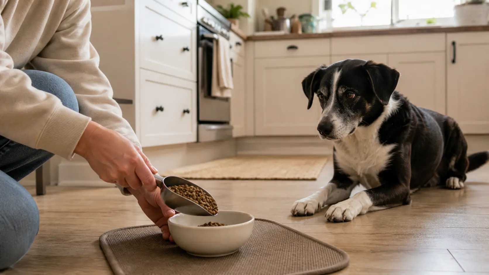 A medium black and white mixed breed dog waiting on a rug while a hand counts small training rewards into a cup.