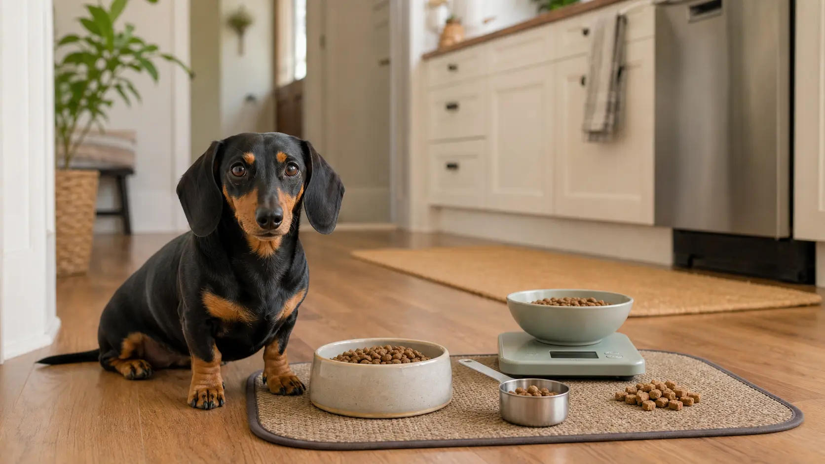 A puppy reward cup, leash, and non-readable routine notes on a living-room rug.