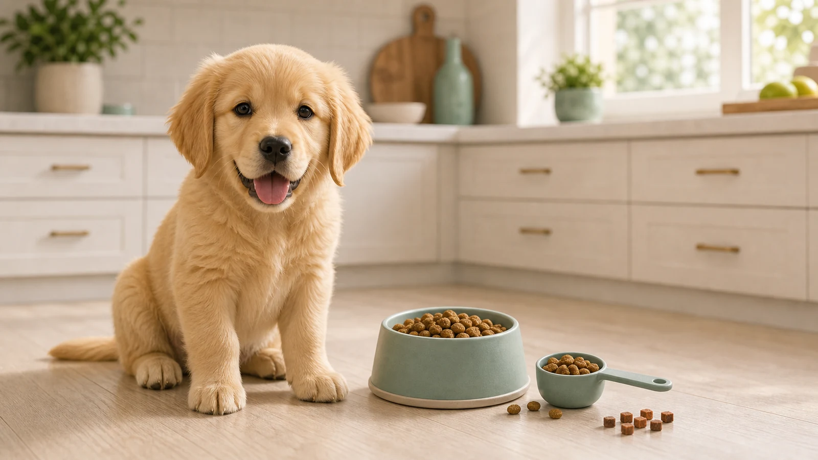 A puppy beside a measured puppy food meal in a bright kitchen.