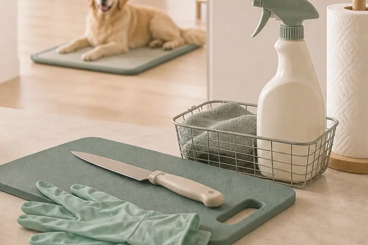 A blank fridge-door note, sealed raw food container, and a dog resting on a floor mat.