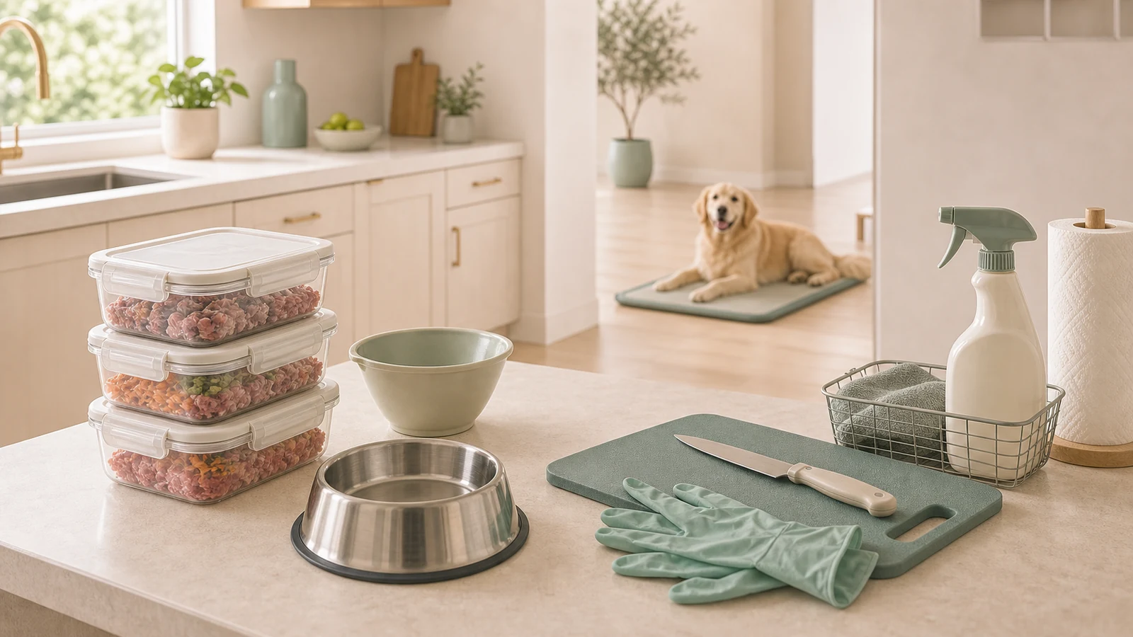 Raw dog food prep area with sealed containers and a dog waiting on the floor.