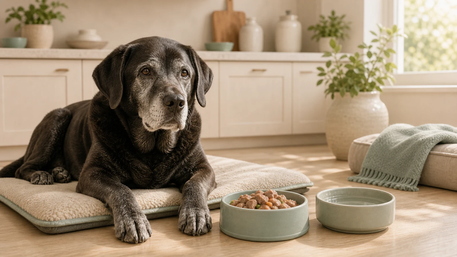 Grey-muzzled Labrador beside a soft meal and water.