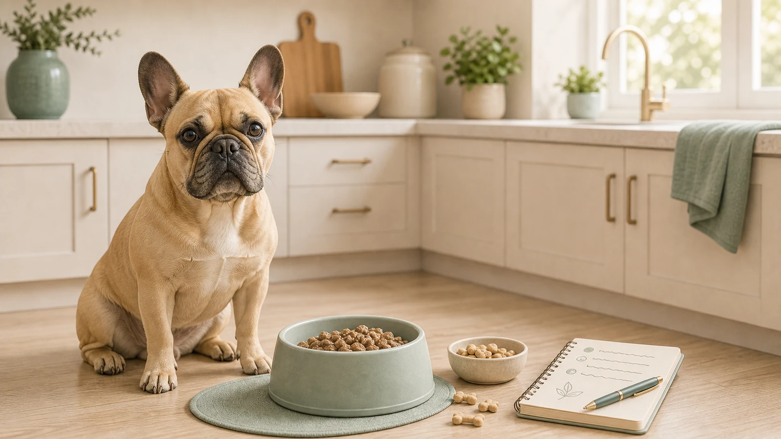 French Bulldog beside a bowl, plain treats, and a notebook.