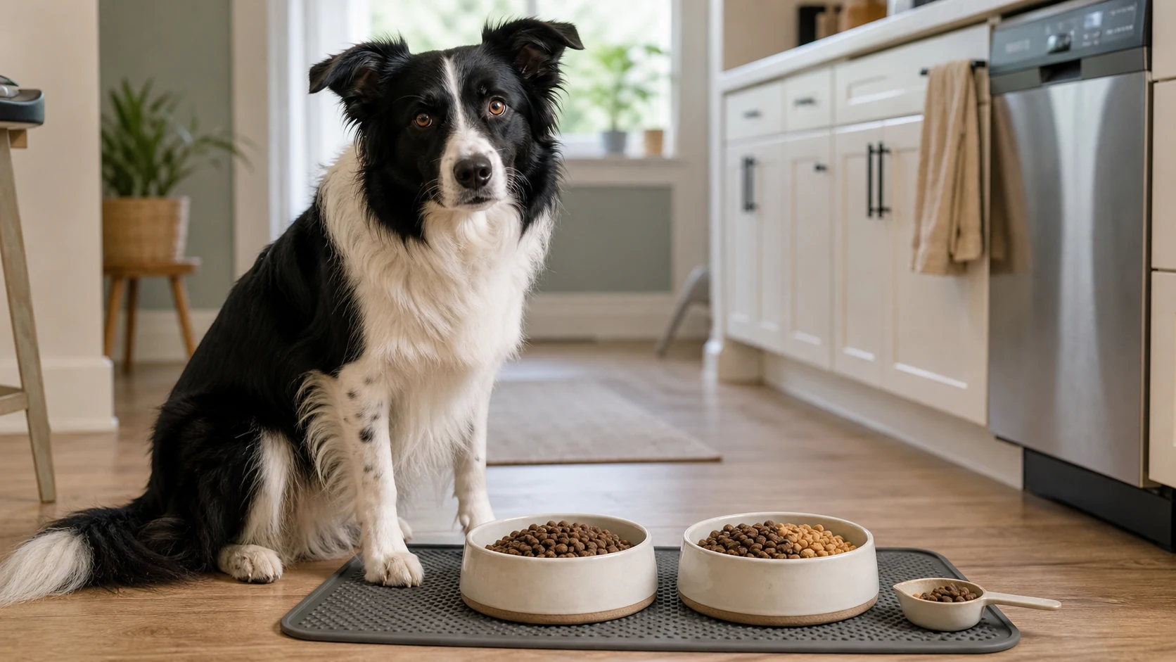 A black and white Border Collie sitting on the kitchen floor beside two bowls of old and new dog food on a feeding mat.