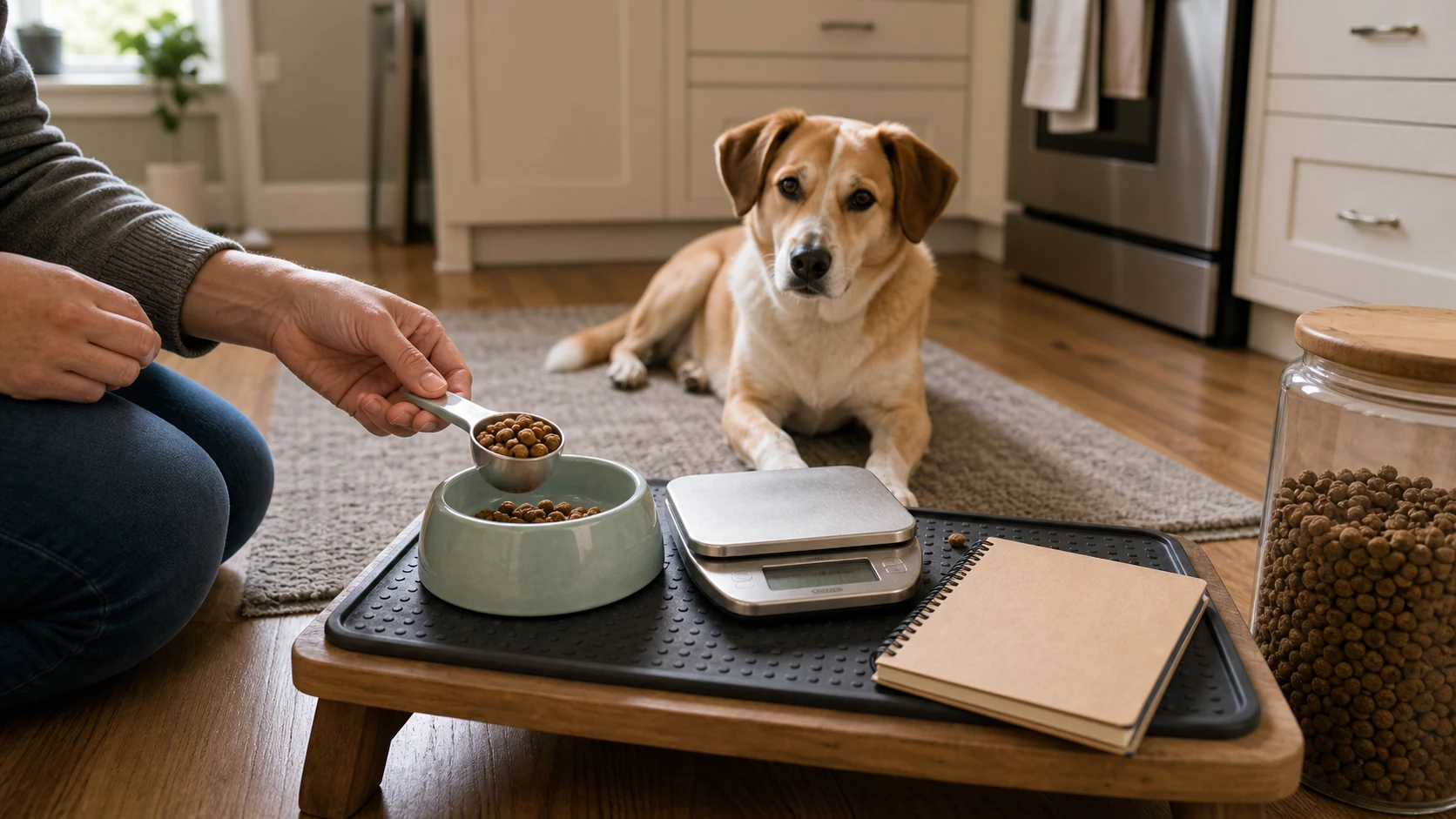 A tan and white dog waiting on a rug while a person measures dog food beside a small kitchen scale and notebook.