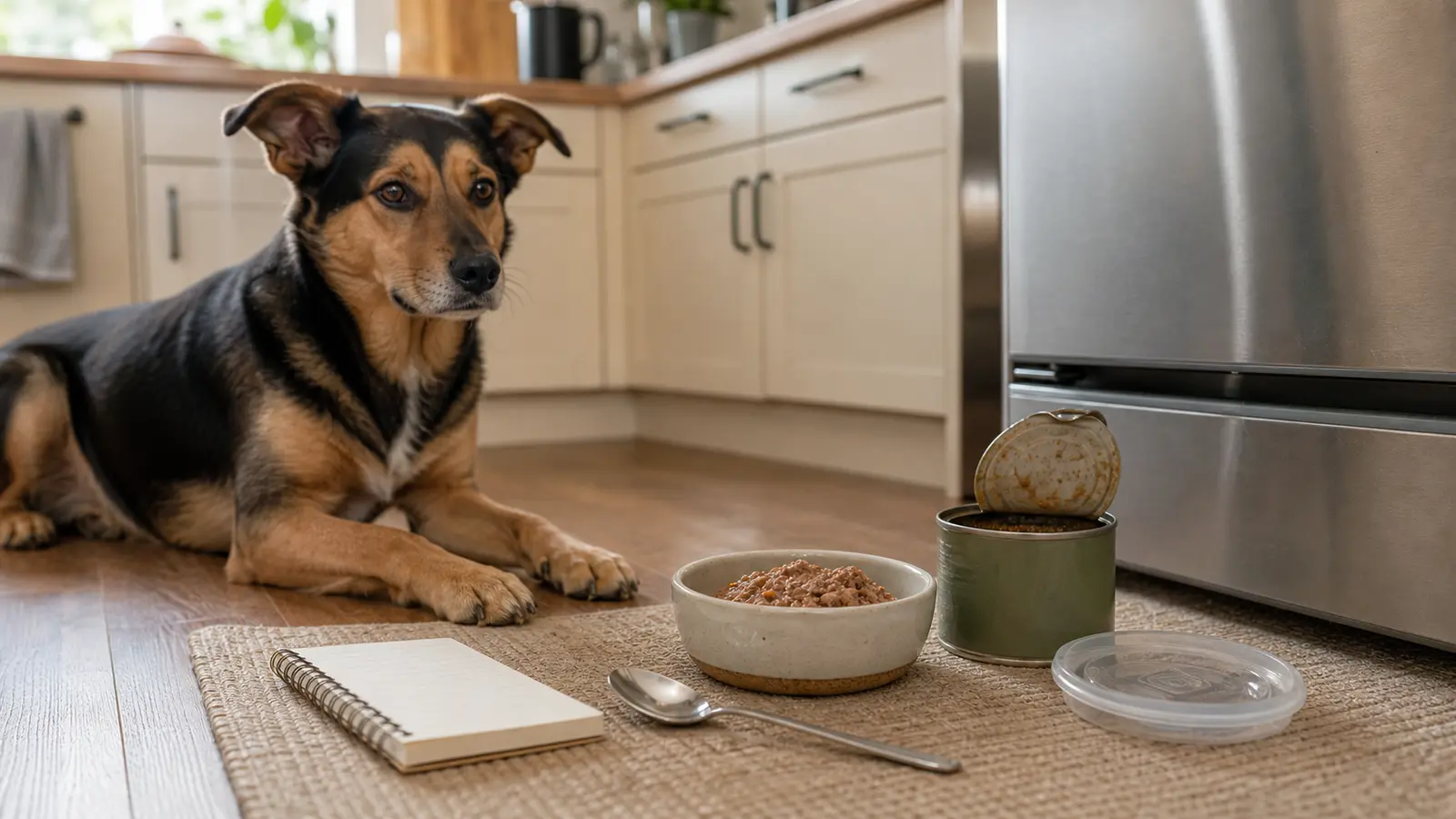 A dog waits on the kitchen floor while a measured wet-food portion and a blank feeding note pad sit near the refrigerator.