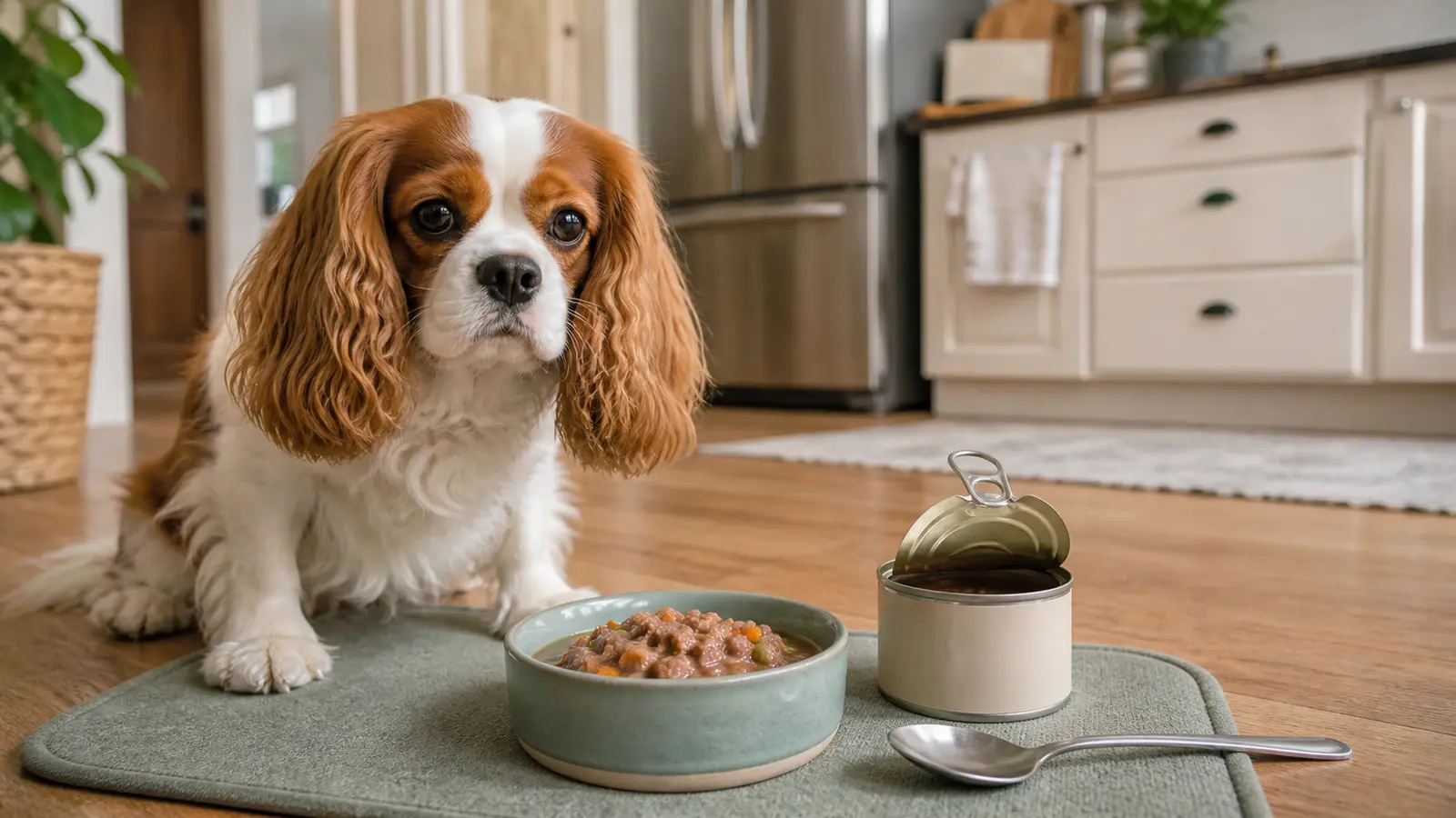 A Cavalier King Charles Spaniel on the kitchen floor beside wet dog food, a covered can, and a clean spoon.