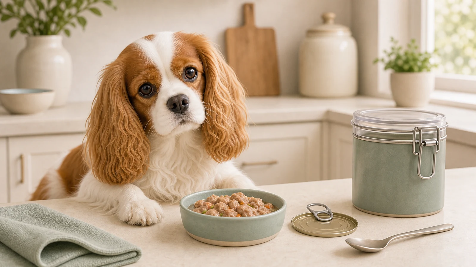 Wet dog food served in a clean dish beside covered storage.