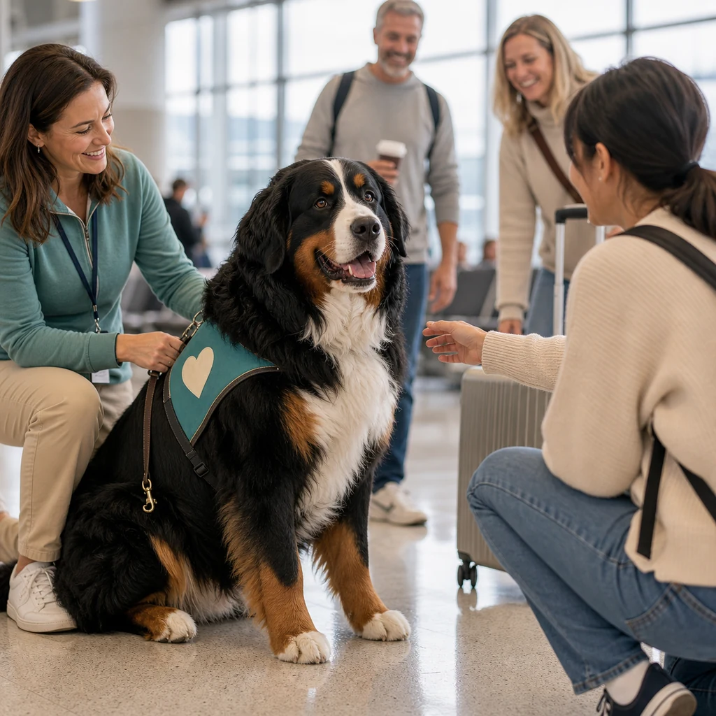 A Bernese Mountain Dog airport comfort dog greeting travelers in a calm terminal.