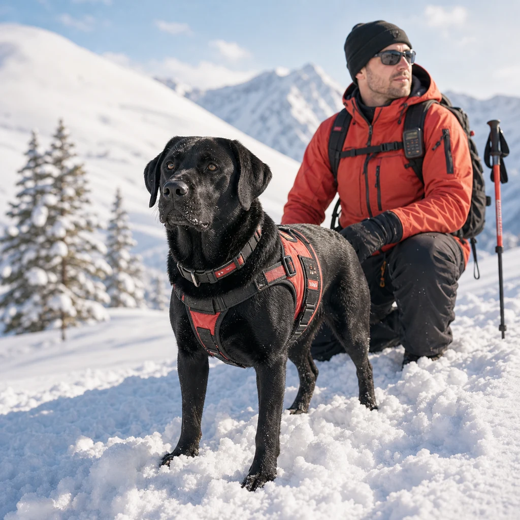 A black Labrador avalanche rescue dog standing with a ski patrol handler in soft snow.