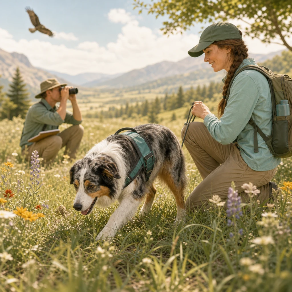 An Australian Shepherd conservation dog working with a handler in a meadow.