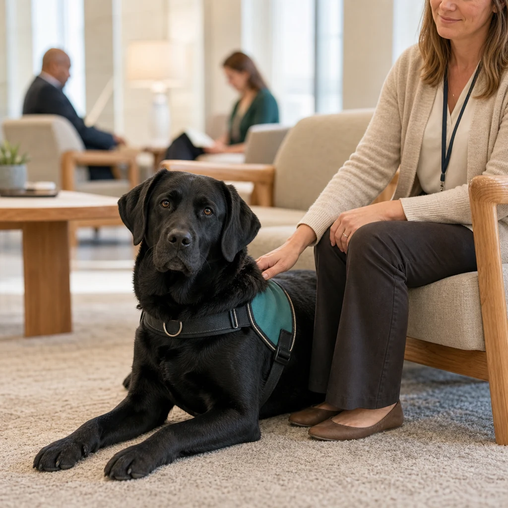 A Labrador courthouse facility dog resting calmly in a quiet waiting area.