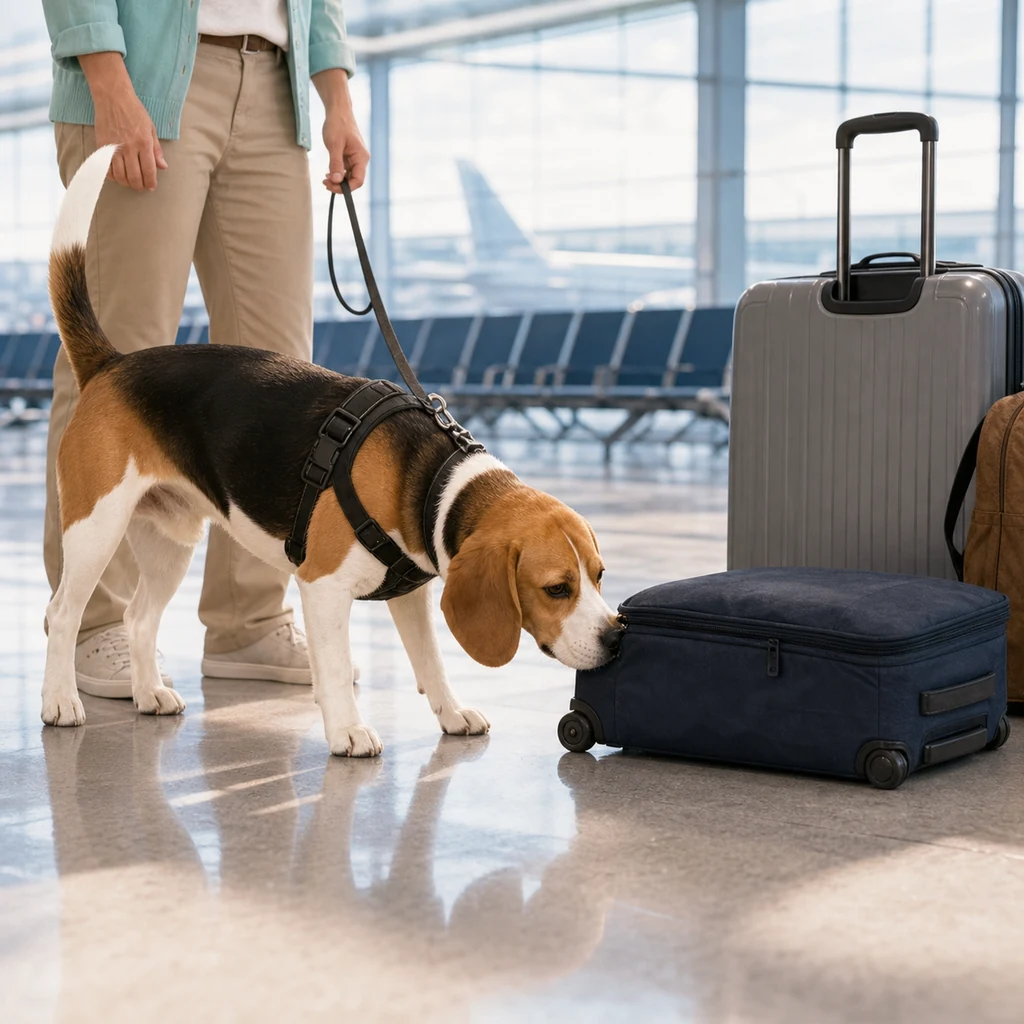 A Beagle detection dog sniffing luggage calmly in a bright airport setting.