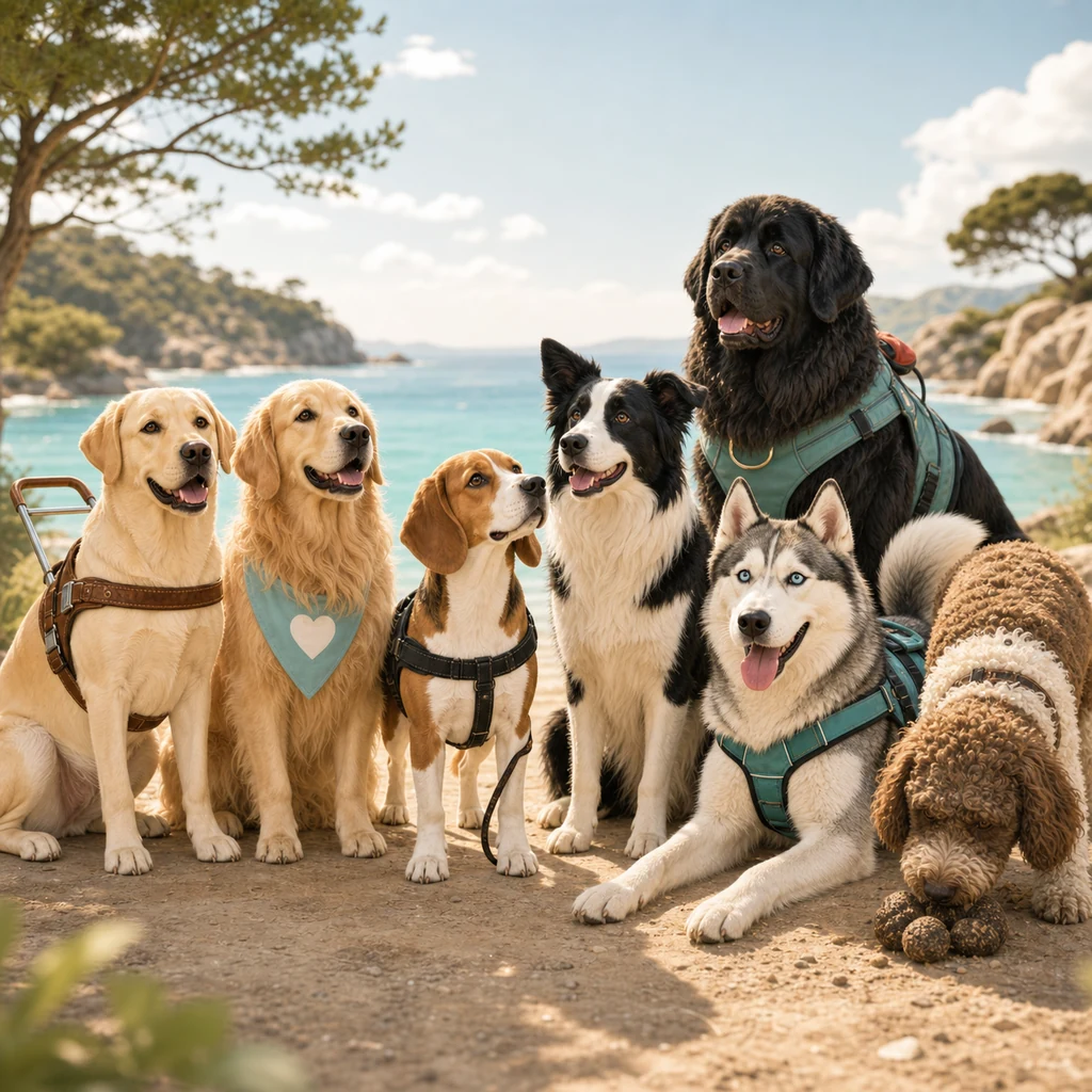 A cheerful group of working dogs at Furball Cove.
