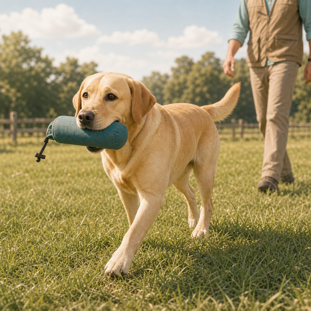 A Labrador Retriever field dog carrying a training dummy across a grassy field.