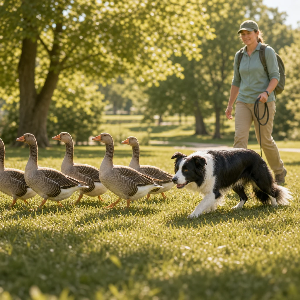 A Border Collie calmly moving geese away from a grassy park with a handler nearby.