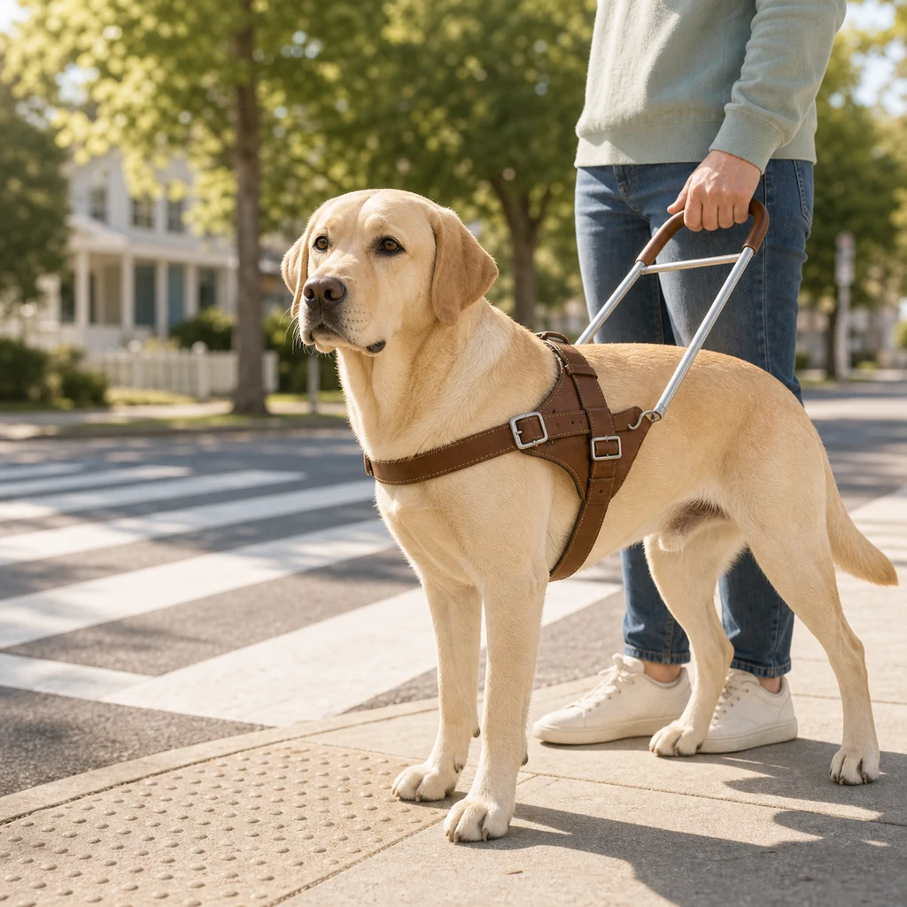 A yellow Labrador guide dog calmly leading a handler at a sunny crosswalk.