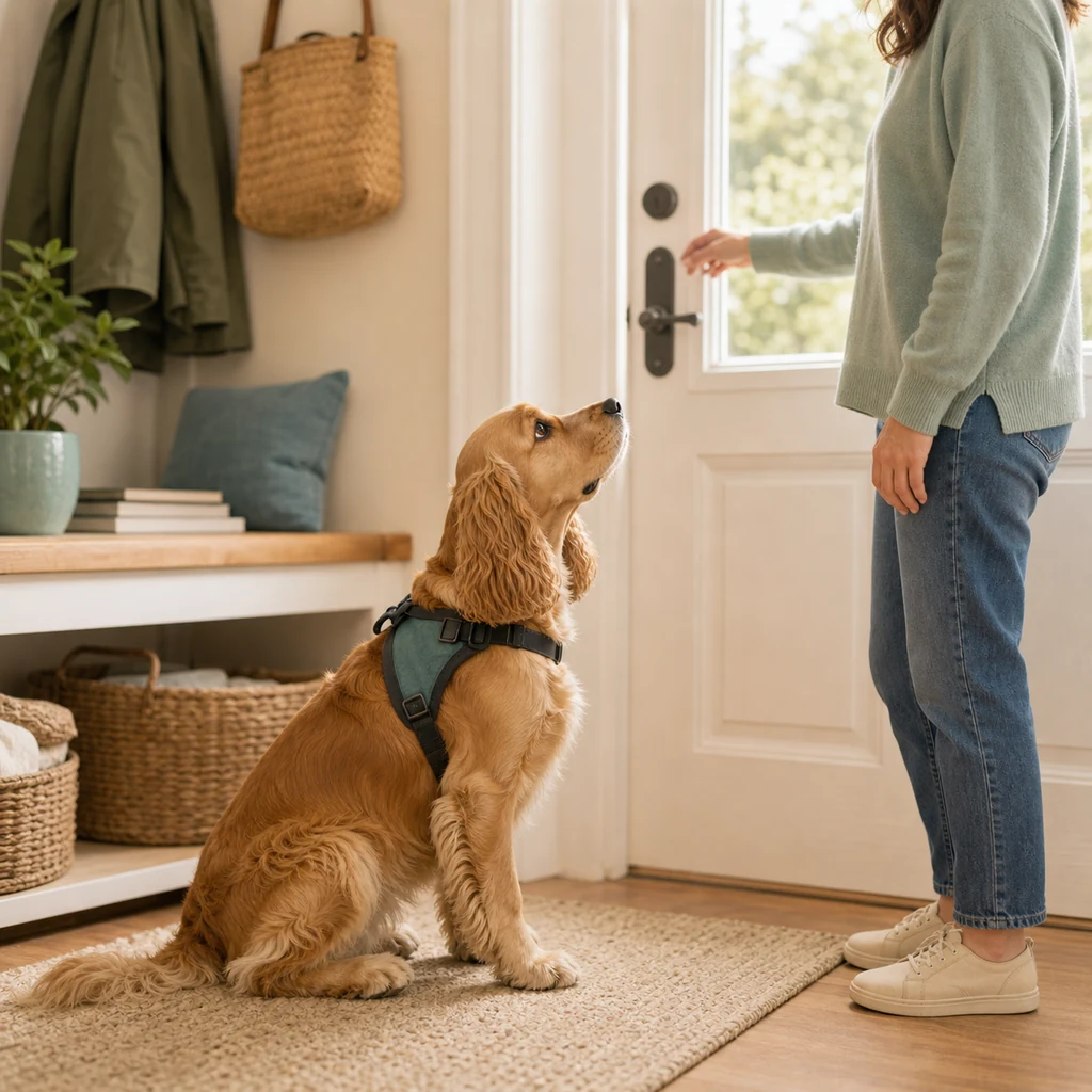 A Cocker Spaniel hearing dog alerting calmly near a front door in a sunny home.