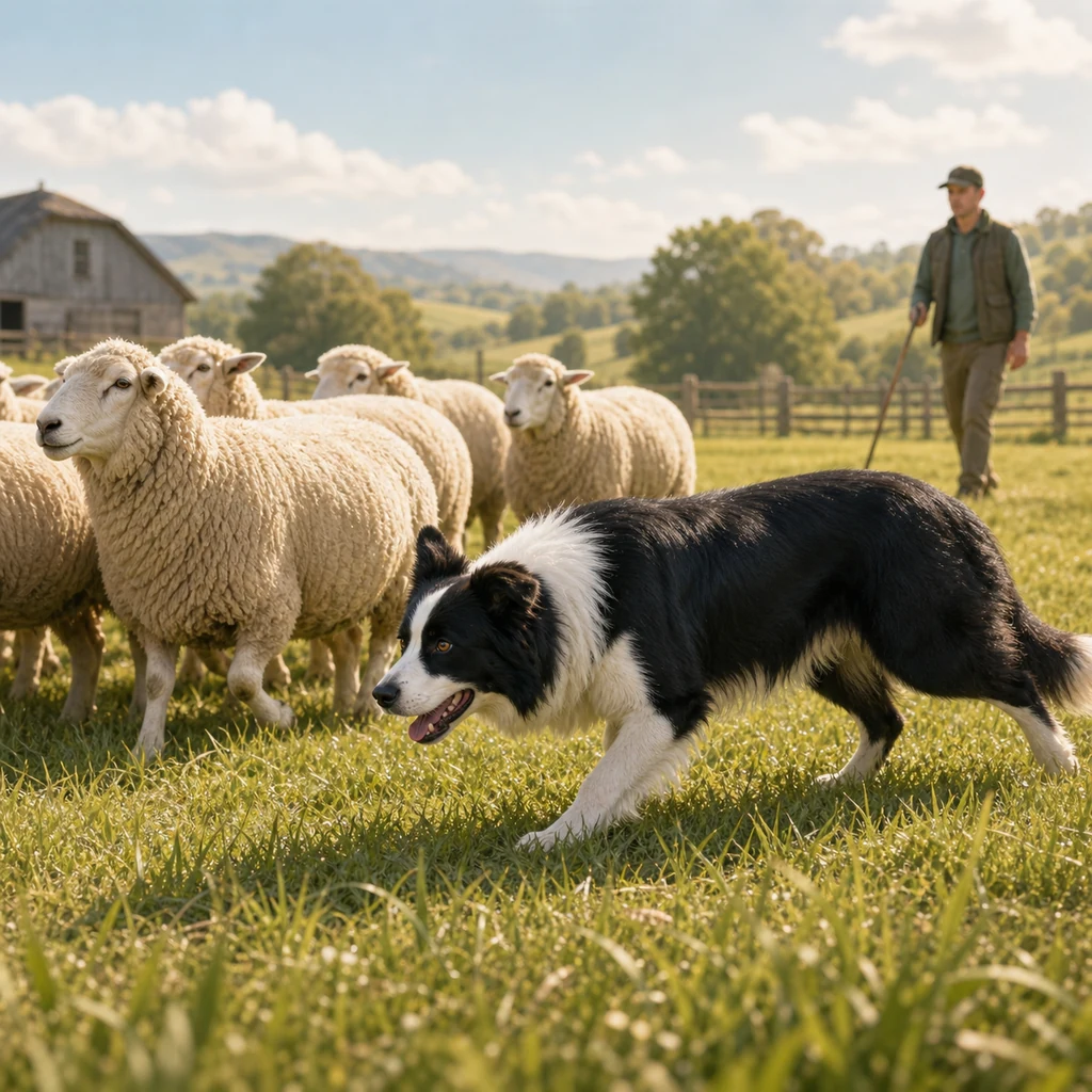 A Border Collie herding dog guiding sheep across a sunny pasture.